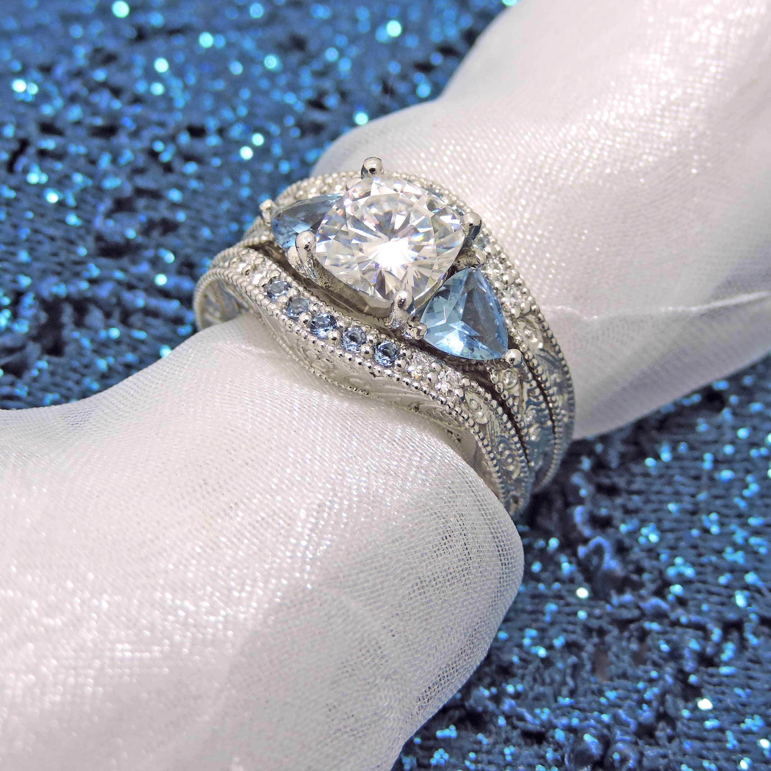 Platinum Aqua Cushion Cut Wedding Ring