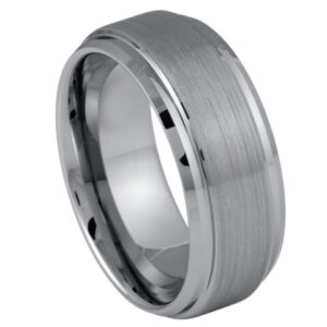 Tungsten Ring Brushed Center Stepped Edge – 9mm Ring for Men and Women