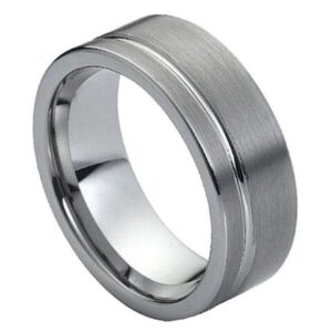 Tungsten Ring Pipe-cut Brushed Finish with Polished Shiny Off-Center Groove – 8mm Ring for Men and Women