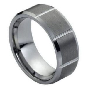 Tungsten Ring Multiple Vertical Grooves Brushed Center Beveled Edge – 8mm Ring for Men and Women