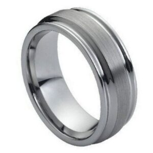 Tungsten Ring Flat Brushed Center High Polish Ridged Edge – 8mm Ring for Men and Women