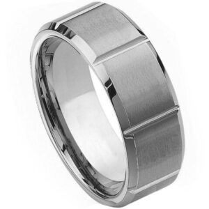 Tungsten Ring Multiple Vertical Grooves Brushed Center – 9mm Ring for Men and Women