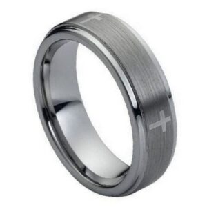 Tungsten Ring Flat Brushed Center Laser Engraved Crosses – 7mm Ring for Men and Women