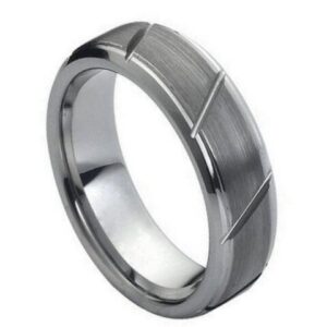 Tungsten Ring Multiple Diagonal Grooves Brushed Center Beveled Edge – 7mm Ring for Men and Women