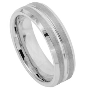 Tungsten Ring Shiny Grooved Center Brushed Sides – 7mm  Ring for Men and Women