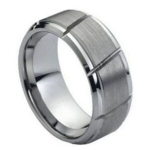 Tungsten Ring Multiple Diagonal Grooves Brushed Center – 9mm Ring for Men and Women