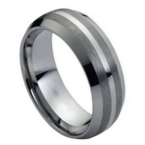 Tungsten Ring Brushed Sides with Polished Shiny Center – 8mm  Ring for Men and Women