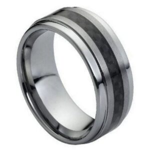 Tungsten Ring Black Carbon Fiber Inlay on Brushed Center – 9mm Ring for Men and Women