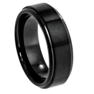 Tungsten Ring Black IP Plated Flat Brushed Center with High Polished Stepped Edge – 8mm Ring for Men and Women