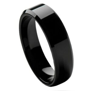 Tungsten Ring Flat High Polished Black IP Plated Beveled Edge – 6mm Ring for Men and Women