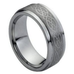 Tungsten Ring Brushed Center Laser Engraved Celtic Pattern – 9mm Ring for Men and Women