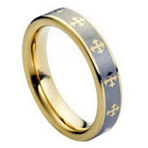 Tungsten Ring Yellow Gold Tone IP Plated Laser Engraved Crosses Design – 5mm Ring for Men and Women