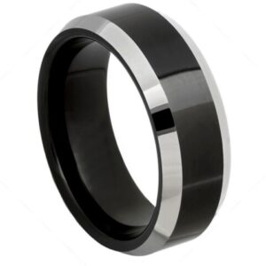 Tungsten Ring Black IP Plated Center High Polished Steel Color Beveled Edge – 8mm Ring for Men and Women