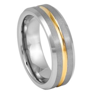 Tungsten Ring Yellow Gold Tone IP Plated Center Grooved – 7mm Ring for Men and Women