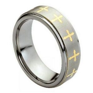 Tungsten Ring Yellow Gold Tone IP Plated Laser Engraved Crosses Design – 8mm Ring for Men and Women