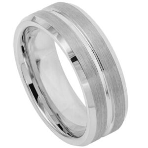 Tungsten Ring Grooved on Brushed Center High Polished Beveled Edge – 9mm Ring for Men and Women