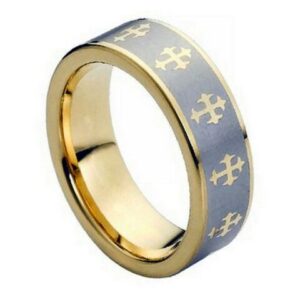 Tungsten Ring Yellow Gold Tone IP Plated Laser Engraved Crosses Design – 8mm Ring for Men and Women
