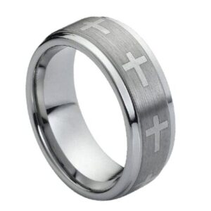 Tungsten Ring Ring Flat Laser Engraved Crosses on Brushed Center – 9mm Ring for Men and Women