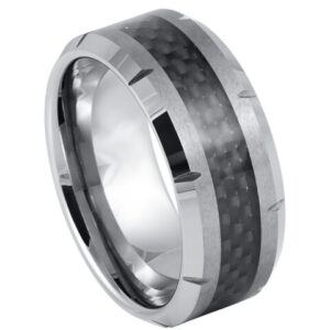 Tungsten Ring Black Carbon Fiber Inlay Multiple Grooved Edge – 10mm Ring for Men and Women