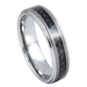 Tungsten Ring Black Carbon Fiber Inlaid on Brushed Center – 7mm Ring for Men and Women