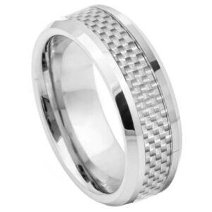 Tungsten Ring Grey Carbon Fiber Inlay Low Beveled Edge – 8mm Ring for Men and Women