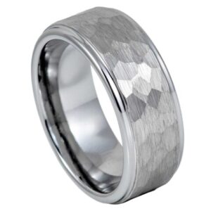 Tungsten Ring Stepped Down Edge Hammered Center – 9mm Ring for Men and Women