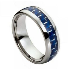 Tungsten Ring High Polished with Blue Carbon Fiber Inlay 8mm Ring for Men and Women