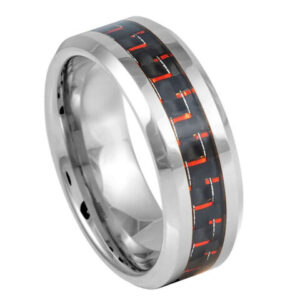 Tungsten Ring High Polished with Red & Black Carbon Fiber Inlay 8mm Ring for Men and Women