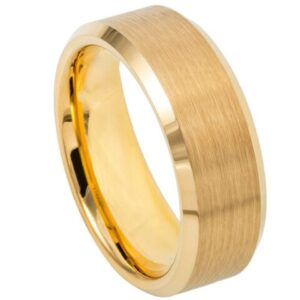 Tungsten Ring Yellow Gold IP Brushed Center, Shiny Beveled Edge – 8mm Ring for Men and Women