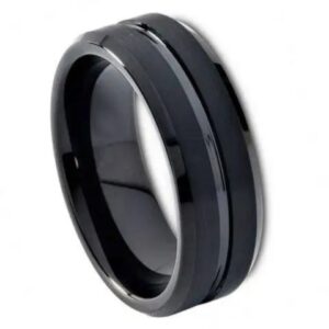 Tungsten Ring Black IP Plated Shiny Grooved Center Brushed Beveled Edge –  8mm Ring for Men and Women