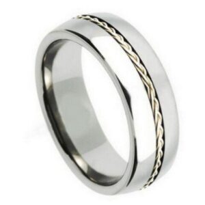 Tungsten Ring Grooved with Braided Sterling Silver Insert – 8mm Ring for Men and Women