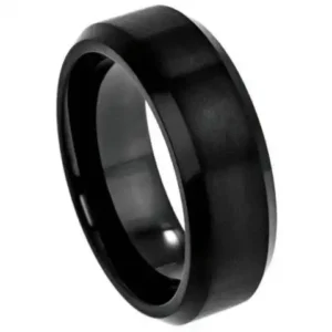 Black IP Plated Titanium Ring Brushed Center Beveled Edge – 8mm Ring for Men and Women