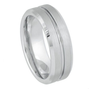 White Tungsten Ring Shiny Grooved Center Brushed Sides – 7mm Ring for Men and Women