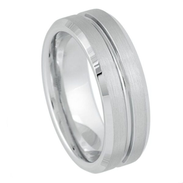 White Tungsten Ring Shiny Grooved Center Brushed Sides – 7mm Ring for Men and Women