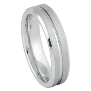 White Tungsten Ring Grooved on Brushed Center High Polished Beveled Edge –6mm Ring for Men and Women